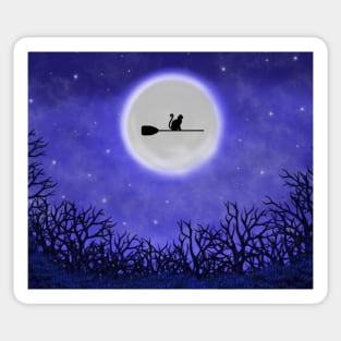 Meowloween Night Flight of a Witch Cat Sticker